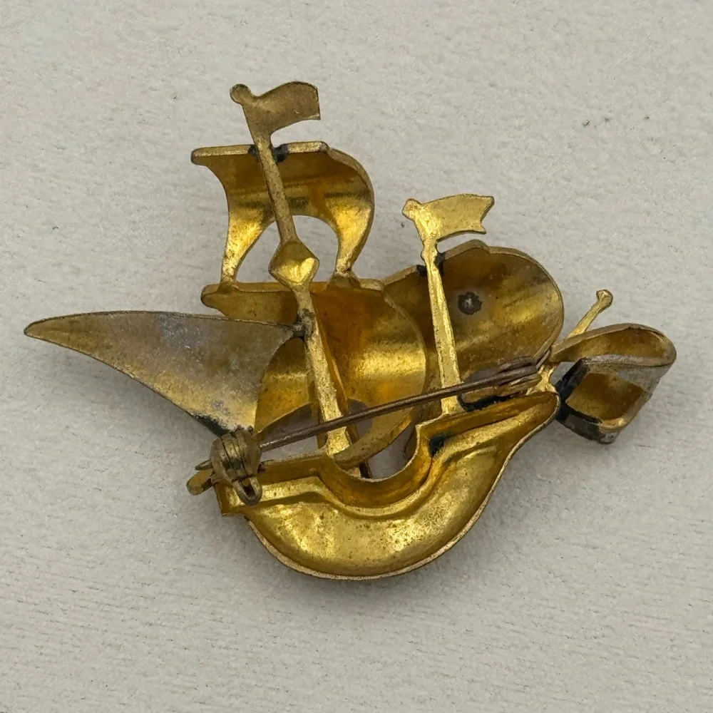 Vintage Spanish Damascene‎ Ship Brooch Toledo Gold Black Enamel Nautical